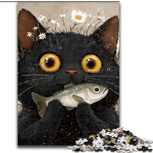 1000-teiliges Puzzle für Erwachsene und Teenager, Schwarze Katze isst Fisch, Lernspiele, Heimdekoration ganze Familie (Größe 50x75cm) von LYXIANY