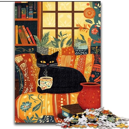 1000-teiliges Puzzle für Erwachsene und Teenager, Schwarze Katze trinkt Kaffee, Spielzeug, Lernspiele, stressabbauende Wanddekoration (Größe 50x75cm) von LYXIANY