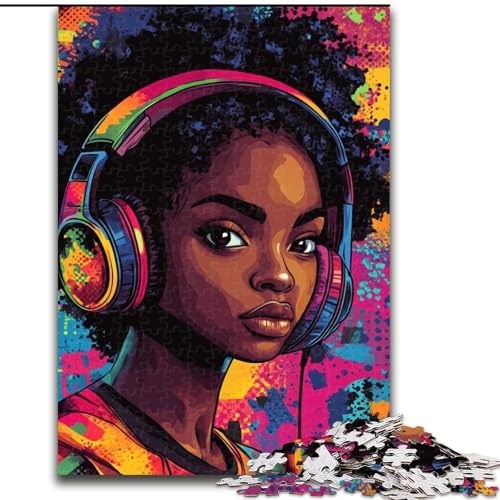 1000-teiliges Puzzle für Erwachsene und Teenager, schwarzes Mädchen hört Musik, Stressabbau, schwierige Herausforderung, ganze Familie, 38x26cm 1000-teiliges Puzzle für Erwachsene und Teenager, schwarzes Mädchen hört Musik, Stressabbau, schwierige Herausforderung, ganze Familie, 38x26cm von LYXIANY
