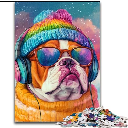 1000-teiliges Puzzle für Teenager, Bulldogge hört Musik, Stressabbau-Spielzeug, einzigartige Geburtstags- und Geschenkideen für Kinder ab 14 Jahren (Größe 26x38cm) von LYXIANY