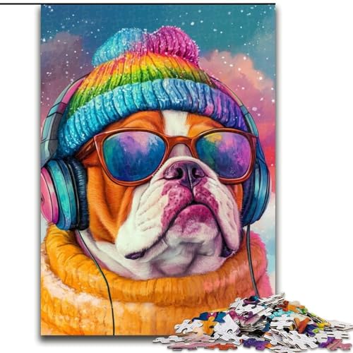 1000-teiliges Puzzle für Teenager, Geschenke: Bulldogge hört Musik, dekomprimierendes intellektuelles Lernspielzeug ganze Familie (Größe 50x75cm) von LYXIANY