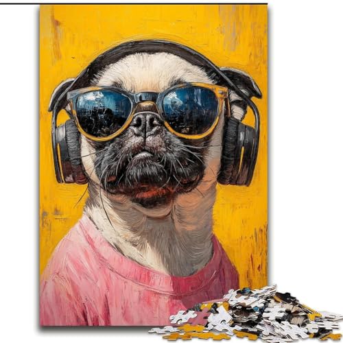 1000-teiliges Puzzle für Teenager, Mops hört Musik, für Kinder ab 14 Jahren, Heimdekoration als Geschenk für die ganze Familie und Freunde (Größe 26x38cm) von LYXIANY