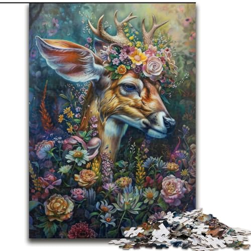 1000-teiliges Puzzle mit Blumenhirsch für Erwachsene und Jugendliche, Lernspielzeug, Familienspiele mit passendem Poster und Quizblatt (Größe 50x75cm) von LYXIANY