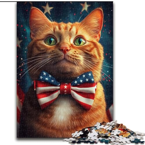 1000-teiliges Puzzle mit amerikanischer Flagge und Katze, Lernspiele, Heimdekoration, Geschenk für die ganze Familie (Größe 26x38cm) von LYXIANY