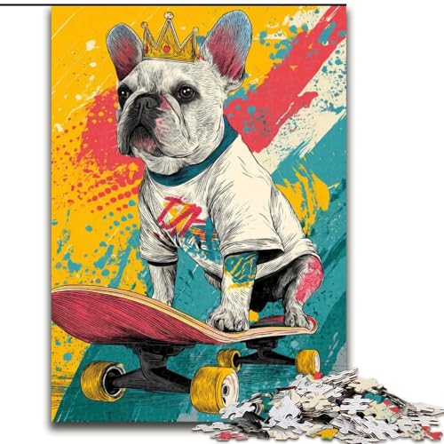 1000-teiliges Puzzle mit französischer Bulldogge auf Skateboard für Erwachsene, anspruchsvolles Spiel und Familienspiel zur Eltern-Kind-Interaktion (50x75cm) von LYXIANY