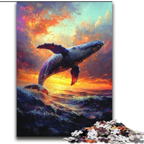 2000-teiliges Puzzle Wale springen bei Sonnenuntergang, Lernspielzeug, Familienspiele mit passendem Poster und Quizblatt (70x100cm) von LYXIANY