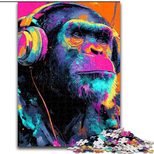 AFFE mit Kopfhörern, 1000-teiliges Puzzle für Erwachsene und Jugendliche, Lernspiele, DIY-Spielzeug mit passendem Poster und Quizblatt für Kinder ab 14 Jahren (26x38cm) von LYXIANY