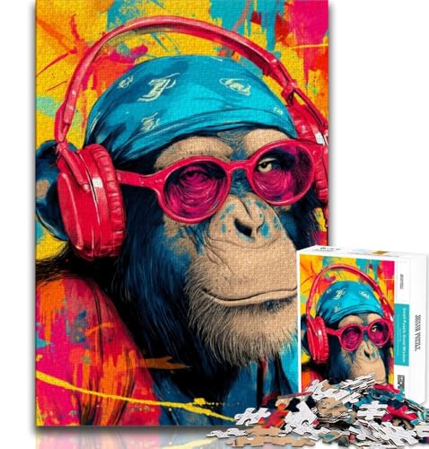 AFFE mit Kopfhörern, Puzzles für Erwachsene, 1000, Lernspielzeug, Familienspiele mit passendem Poster und Quizblatt (38x26cm) von LYXIANY