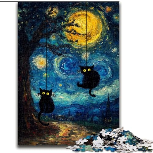 Black Cat Art 1000-teiliges Puzzle für Teenager, Geschenke, herausfordernd zu vervollständigen, Aber lustiges und humorvolles Geburtstagsgeschenk, Geschenke, Wandkunst (50x75cm) von LYXIANY