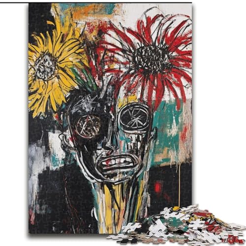 Blumen und Totenköpfe im Basquiat-Stil, 1000-teiliges Puzzle für Erwachsene und Jugendliche, Spielzeug- und Denkspiel-Künstlersammlung, Bildende Kunst (26x38cm) von LYXIANY