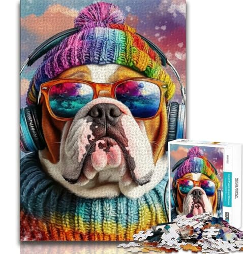 Bulldogge hört Musik, 1000-teiliges Puzzle für Erwachsene, Stressabbau, schwierige Herausforderung, geeignet als Schreibtischdekoration (38x26cm) von LYXIANY