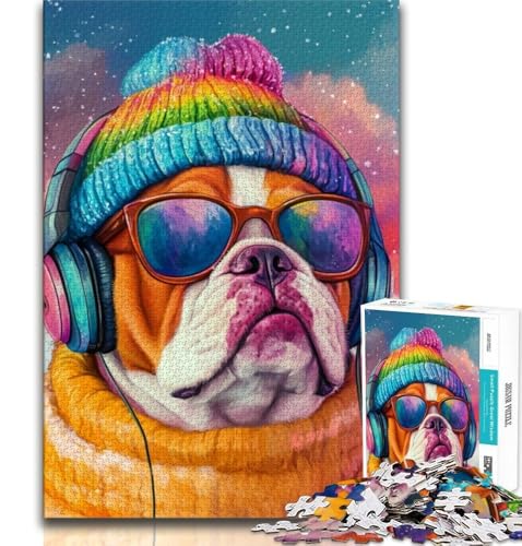 Bulldogge hört Musik, Puzzle für Erwachsene, 1000 Teile, schwierig, Lernspielzeug, Familienspiele, Geschenke für Freunde und Familie (50x75cm) von LYXIANY