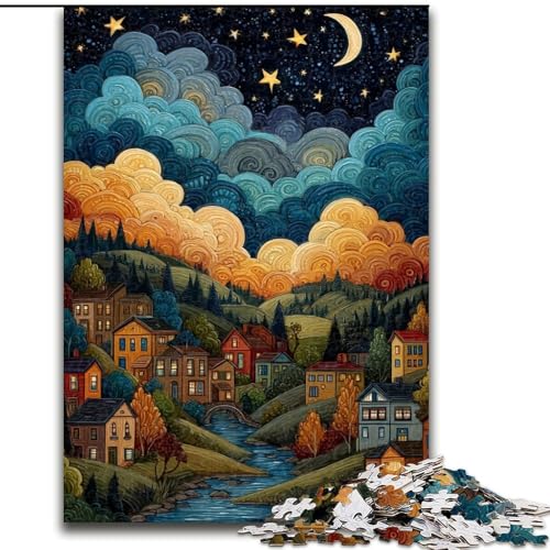Dorf unter dem Nachthimmel, Puzzle für Teenager, 1000 Puzzles, Lernspiele, Heimdekoration, Geschenk für die ganze Familie (26x38cm) von LYXIANY