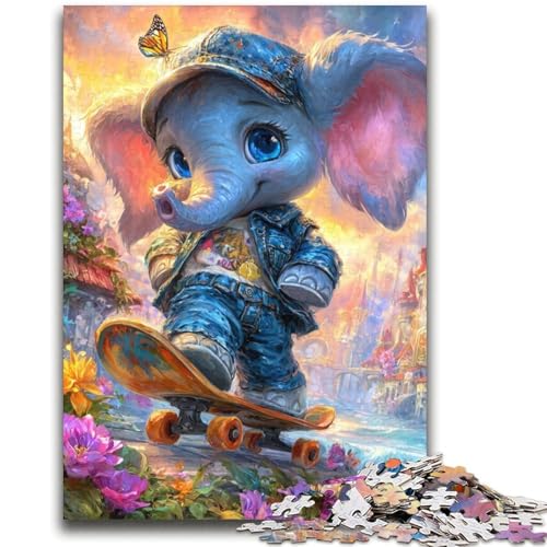 Elefant auf Skateboard, 1000-teiliges Puzzle als Geschenk für Teenager, zum Zeitvertreib im Urlaub mit vollständig ineinandergreifenden, zufällig geformten Teilen (38x52cm) von LYXIANY