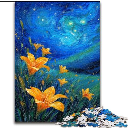 Gelbe Lilien am Nachthimmel, Puzzle 1000 Teile für Erwachsene und Jugendliche, anspruchsvolles Spielzeug, jedes Teil ist einzigartig – anspruchsvolles Familienspiel (50x75cm) von LYXIANY