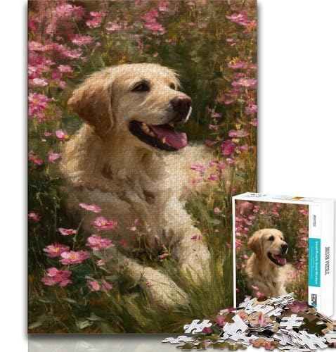 Golden Retriever Ölgemälde-Puzzle für Teenager, 1000 Teile, Lernspielzeug, Familienspiele, Geburtstagsgeschenk, Geschenke (50x75cm) von LYXIANY
