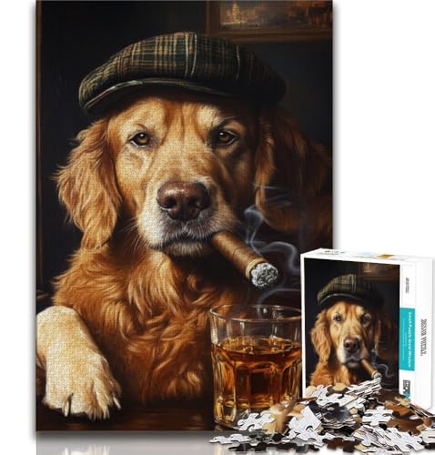Golden Retriever Rauchen 1000-teiliges Puzzle für Erwachsene und Jugendliche, Spielzeug, Lernspiele, Stressabbau, geeignet als Schreibtischdekoration (38x26cm) von LYXIANY