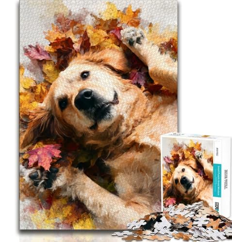 Golden Retriever und gefallene Blätter Puzzle für Erwachsene und Teenager, Puzzle, Mustermontage, Spaß bei Aktivitäten zu Hause, Geburtstagsgeschenk, Reisegeschenk (50x75cm) von LYXIANY