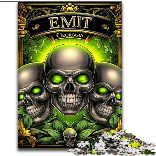 Grünes Totenkopf-Puzzle für Erwachsene, 1000 Teile, anspruchsvolles Spiel und Familienspiel mit passendem Poster und Quizblatt (50x75cm) von LYXIANY
