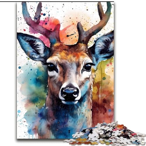 Hirsch-Aquarell-Puzzle, 1000 Teile, für Erwachsene, Holzpuzzle, Weihnachten, Halloween, Ostern, Neujahr, Größe 50x75cm von LYXIANY