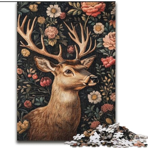 Hirsch und Blumen, 1000-teiliges Puzzle für Erwachsene und Jugendliche, geeignet für Kinder ab 14 Jahren, Wanddekoration, Weihnachts- und Geburtstagsgeschenk (26x38cm) von LYXIANY