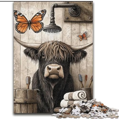Hochlandkuh im Badezimmer, 1000-teiliges Puzzle für Erwachsene, hilft dem Gehirn, süchtig machendes Spielzeug zu trainieren, um Geduld zu fördern, perfekte Dekoration (Größe 26x38cm) von LYXIANY