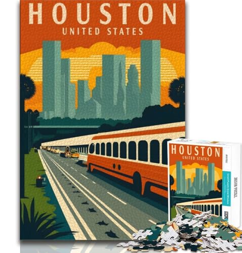 Houston Texas Travel Art 1000-teiliges Puzzle für Erwachsene und Jugendliche, Quizspiel, Wanddekoration, einzigartige Geburtstags, 38x26cm von LYXIANY
