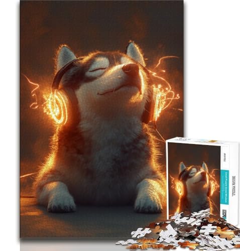 Husky trägt Kopfhörer, Puzzle für Teenager, 1000 Teile, Familienspiel, Stressabbau, schwierige Herausforderung, Wichtelgeschenke (50x75cm) von LYXIANY