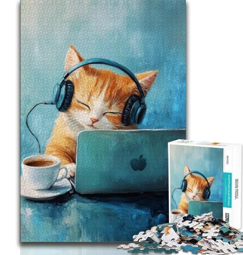 Katze hört Musik, 1000-teiliges Puzzle für Erwachsene und Jugendliche, Spielspielzeug, jedes Teil ist einzigartig – anspruchsvolles Familienspiel (50x75cm) von LYXIANY