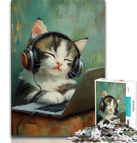 Katze hört Musik Puzzle für Erwachsene, 1000 Teile, Familienspiel, Stressabbau, schwierige Herausforderung, Künstlersammlung, bildende Kunst (38x26cm) von LYXIANY