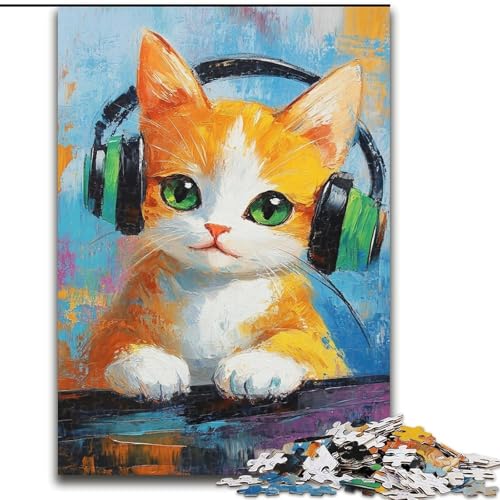 Katze hört Musik-Puzzles für Teenager, 1000-teiliges Puzzle, Familienspiel zum Stressabbau, schwierige Herausforderung, Geschenke für Freunde und Familie (26x38cm) von LYXIANY