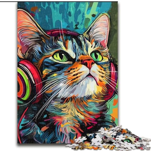 Katze mit Kopfhörern, Puzzle 1000 Teile für Teenager, Familienspiel zum Stressabbau, schwierige Herausforderung, tolle Geschenke und Spielzeuge (Größe 50x75cm) von LYXIANY