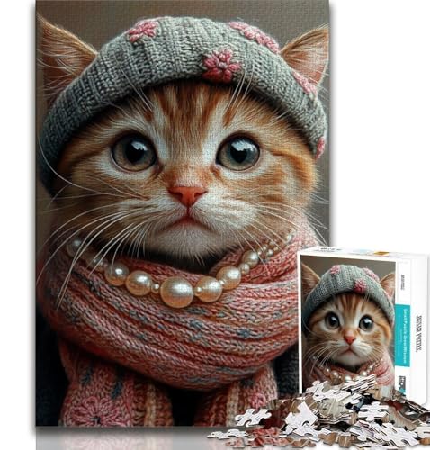 Katze mit Perlenkette, Puzzle für Erwachsene, 1000 Teile, anspruchsvoll zu vervollständigen, Aber lustig und humorvoll, einzigartige Heimdekoration und Geschenke (50x75cm) von LYXIANY