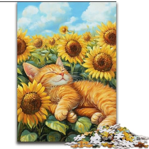 Katze schläft im Sonnenblumenfeld, 1000-teiliges Puzzle für Teenager, interessante Stressreduzierung, Eltern-Kind-Interaktion (26x38cm) von LYXIANY