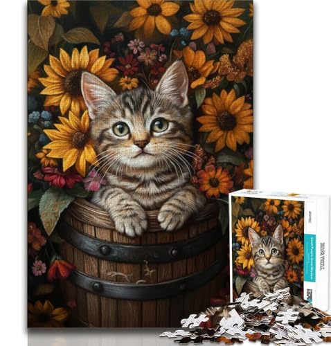 Katze unter Sonnenblumen, 1000-teiliges Puzzle für Erwachsene und Jugendliche, Quizspiel, Wanddekoration, einzigartige Geburtstags, 38x26cm von LYXIANY