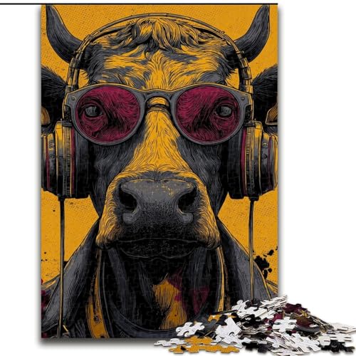 Kuh hört Musik Puzzle für Teenager, 1000 Teile, pädagogisches Familienspiel, geeignet als Schreibtischdekoration (26x38cm) von LYXIANY