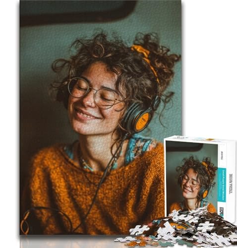 Mädchen hört Musik, Puzzle 1000 Teile, Geschenk für Erwachsene, Stressabbau, Zeitvertreib zu Hause, mit passendem Poster und Quizblatt (50x75cm) von LYXIANY