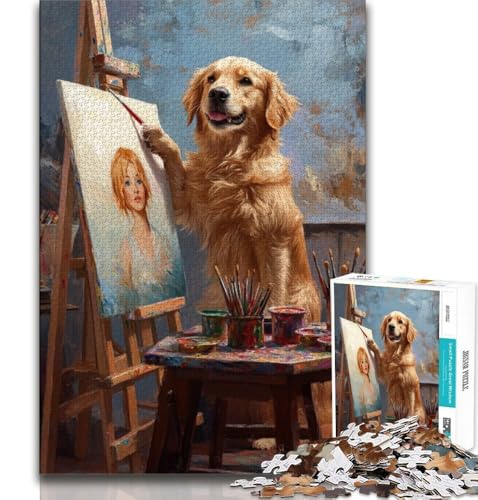 Maler-Puzzle mit Golden Retriever, 1000 Teile, Geschenk für Erwachsene, Herausforderung der Gehirnintelligenz, süchtig machendes Spielzeug für die Heimdekoration (38x26cm) von LYXIANY