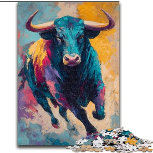 Ölgemälde mit Stier, 1000 Teile Puzzle für Erwachsene und Jugendliche, Lernspiele, DIY-Spielzeug mit passendem Poster und Quizblatt für Kinder ab 14 Jahren (26x38cm) von LYXIANY