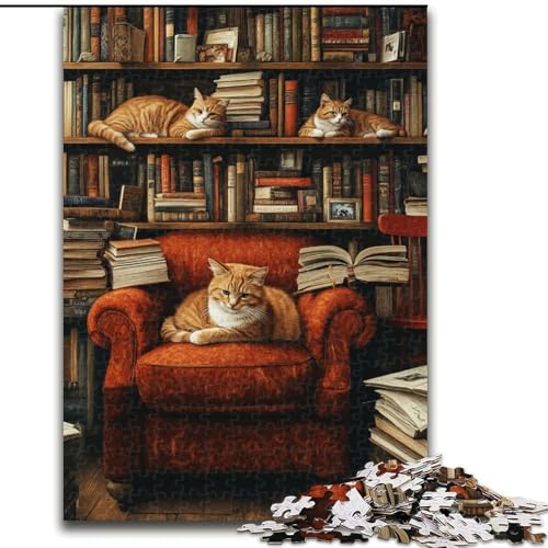 Puzzle „Katze auf dem Bücherregal“ mit 1000 Teilen für Teenager, Familienspiel zum Stressabbau, schwierige Herausforderung, tolle Geschenke und Spielzeuge (Größe 50x75cm) von LYXIANY