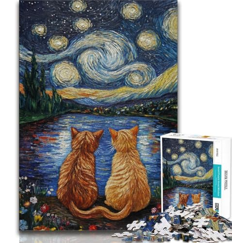 Puzzle „Katze unter dem Nachthimmel“ für Teenager, hilft dem Gehirn, süchtig machendes Spielzeug zu trainieren, um Geduld zu fördern, EIN Kunstwerk, 38x26cm von LYXIANY