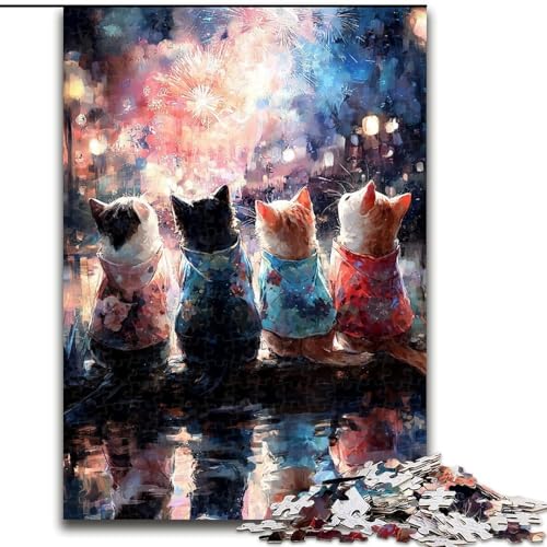 Puzzle 1000 Teile Katze beobachtet Feuerwerk Puzzle aus Holz, kompliziertes Design für Teenager, DIY-Dekor und gehirnfördernder Spaß, Größe 50x75cm von LYXIANY
