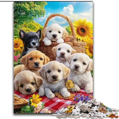 Puzzle 1000 Teile Welpenpicknick aus Holz, lustiges Basteln für die ganze Familie, perfekt für Geburtstage, Feiertage, Größe 50x75cm von LYXIANY