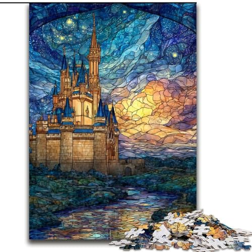 Puzzle 1000 Teile für Erwachsene, Buntglas-Schloss-Puzzle aus Holz, schwieriges Denkspiel für Teenager, Größe 50x75cm von LYXIANY