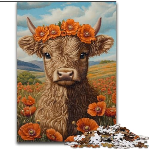 Puzzle 1000 Teile für Erwachsene, Hochlandkuh mit orangefarbenen Blumen, Puzzle aus Holz, perfekt für Halloween, Weihnachten, Geburtstagsgeschenk, Größe 50x75cm von LYXIANY