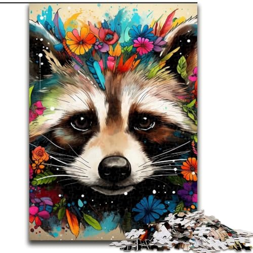 Puzzle 1000 Teile für Erwachsene, Waschbär mit Blumen, Holzpuzzle, Denkspiel für Teenager, 50x75cm Puzzle 1000 Teile für Erwachsene, Waschbär mit Blumen, Holzpuzzle, Denkspiel für Teenager, 50x75cm von LYXIANY