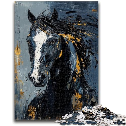 Puzzle 1000 Teile für Erwachsene, schwarzes goldenes Pferd, hilft dem Gehirn beim Trainieren, süchtig machendes Spielzeug zur Förderung der Geduld, geeignet für Paare, 26x38cm von LYXIANY