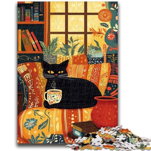 Puzzle 1000 Teile für Teenager, Geschenke, Schwarze Katze trinkt Kaffee, Familienunterhaltungsspielzeug, Lernspiel für Geburtstag, Weihnachten, für Kinder ab 14 Jahren, 50x75cm von LYXIANY
