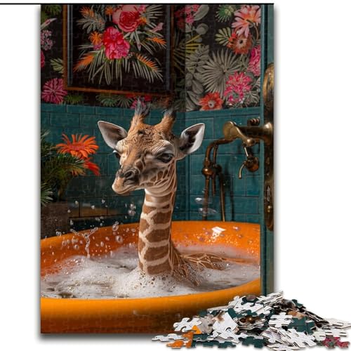 Puzzle 1000 Teile für Teenager, Giraffe in der Badewanne, Familienspiel zum Stressabbau, schwierige Herausforderung, stärkt die Liebe zwischen Paaren (Größe 50x75cm) von LYXIANY