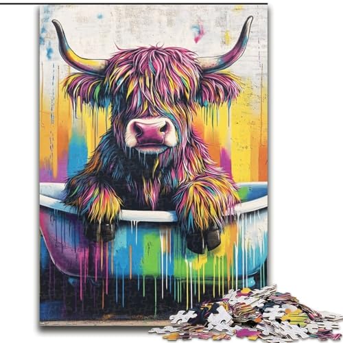 Puzzle 1000 Teile für Teenager, Hochlandkuh in der Badewanne, Familienspiel zum Stressabbau, schwierige Herausforderung, stärkt die Liebe zwischen Paaren (Größe 50x75cm) von LYXIANY